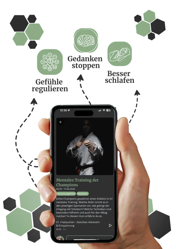 Hand holding a smartphone displaying a martial arts training app. Background shows icons and text related to mental training and relaxation.