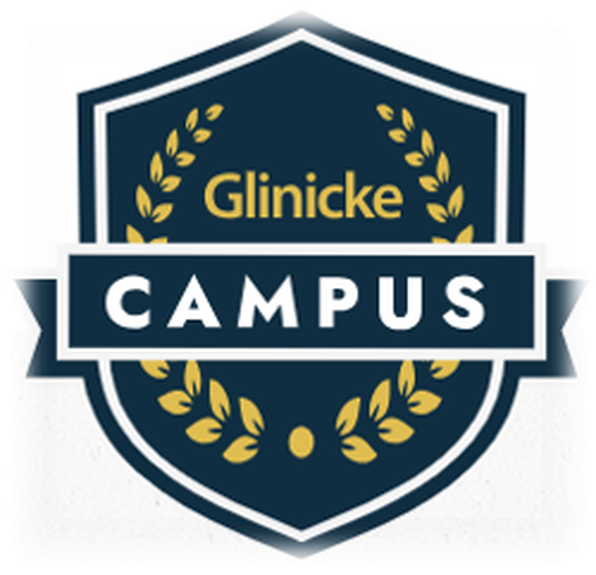 Ein dunkelblaues Schildlogo mit „Glinicke“ und „Campus“ in Weiß, umgeben von goldenen Lorbeerzweigen.