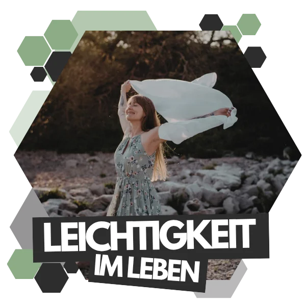 Woman in a floral dress joyfully holding a scarf outdoors, surrounded by hexagonal shapes. Text reads "LEICHTIGKEIT IM LEBEN."