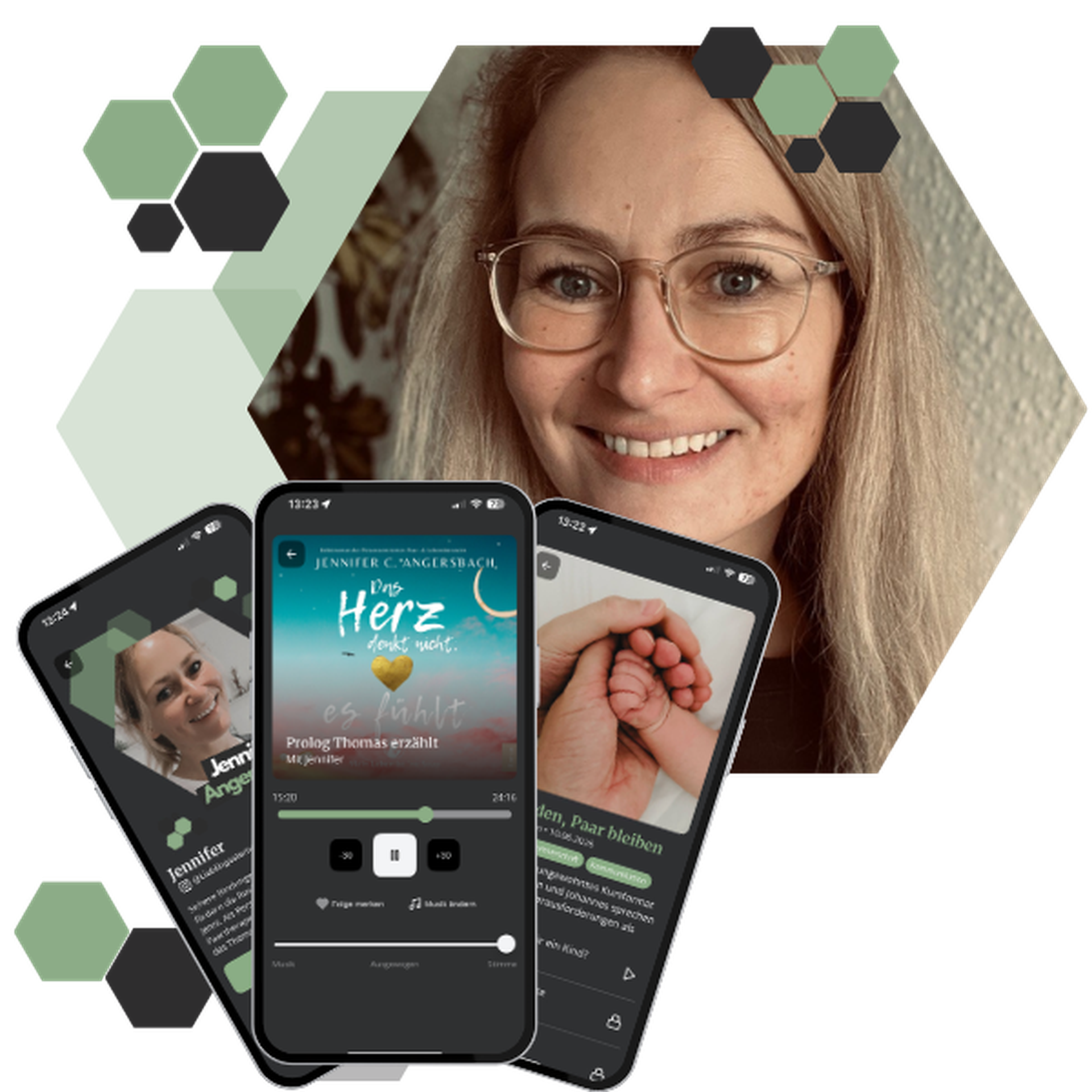 Frau mit Brille Lächelt in Kamera. Drei Smartphones mit Kursinhalten wie Paarberatung werden abgebildet.