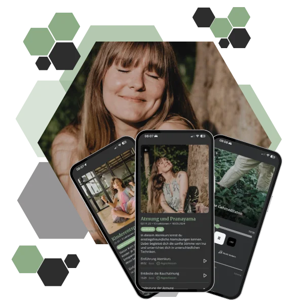 Three smartphones displaying a wellness app with a smiling woman in the background, surrounded by hexagonal shapes.