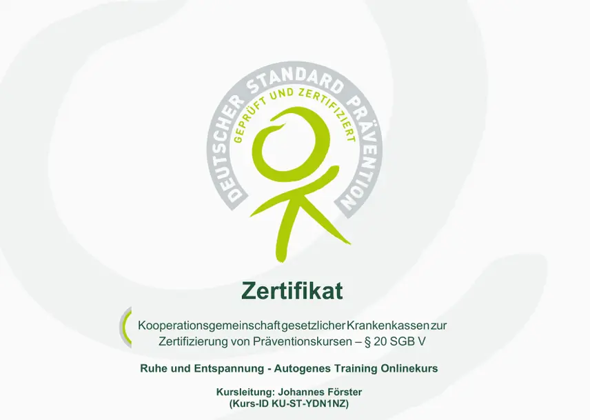 Zertifikat der Deutschen Prävention für Autogenes Training Onlinekurs - Johannes Förster