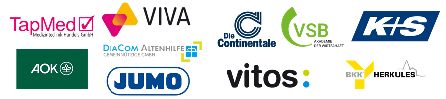 Partner und Auftraggeber der Region Nordhessen A collage of various logos, including TapMed, VIVA, AOK, JUMO, and Vitos, arranged in three rows.