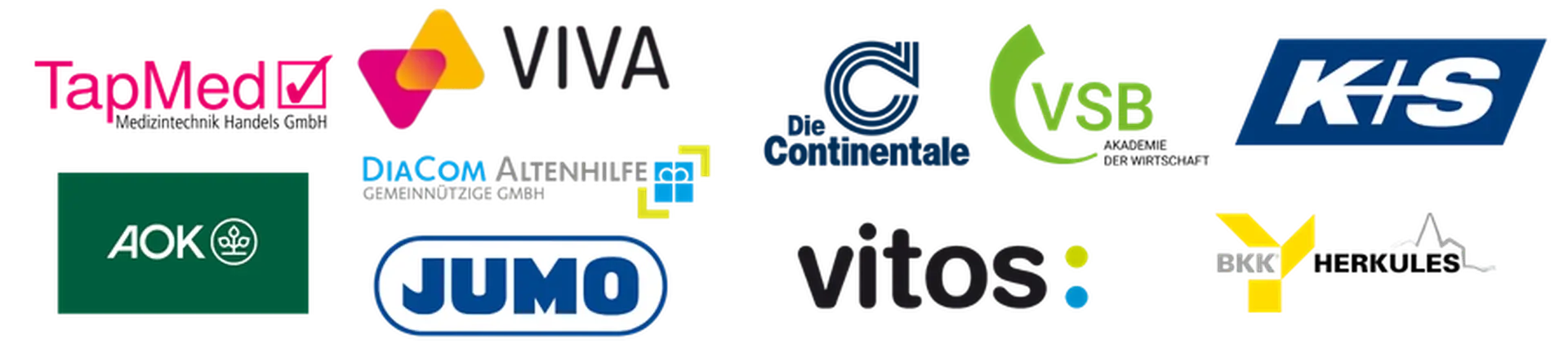 A collage of various logos, including TapMed, VIVA, AOK, JUMO, and Vitos, arranged in three rows.
