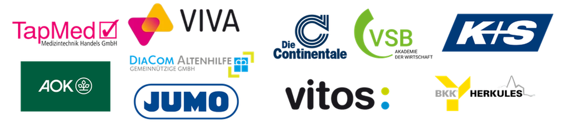 A collage of various logos, including TapMed, VIVA, AOK, JUMO, and Vitos, arranged in three rows.