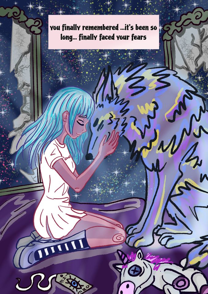 Animation still of woman with blue hair kneeling beside wolf and holding its face to her own with caption "You finally remembered... it' been so long.... finally faced your fears"