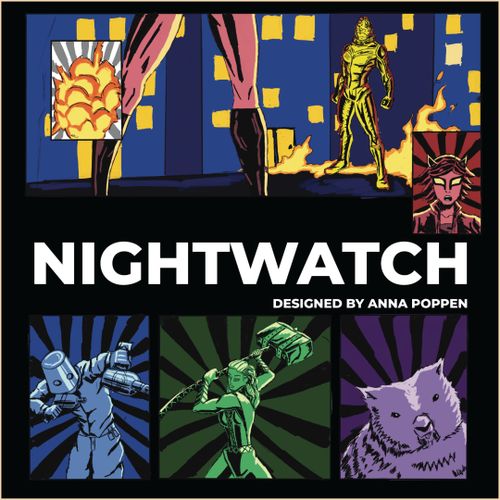 Box design for the board game Nightwath, featuring images of the heroes and villains