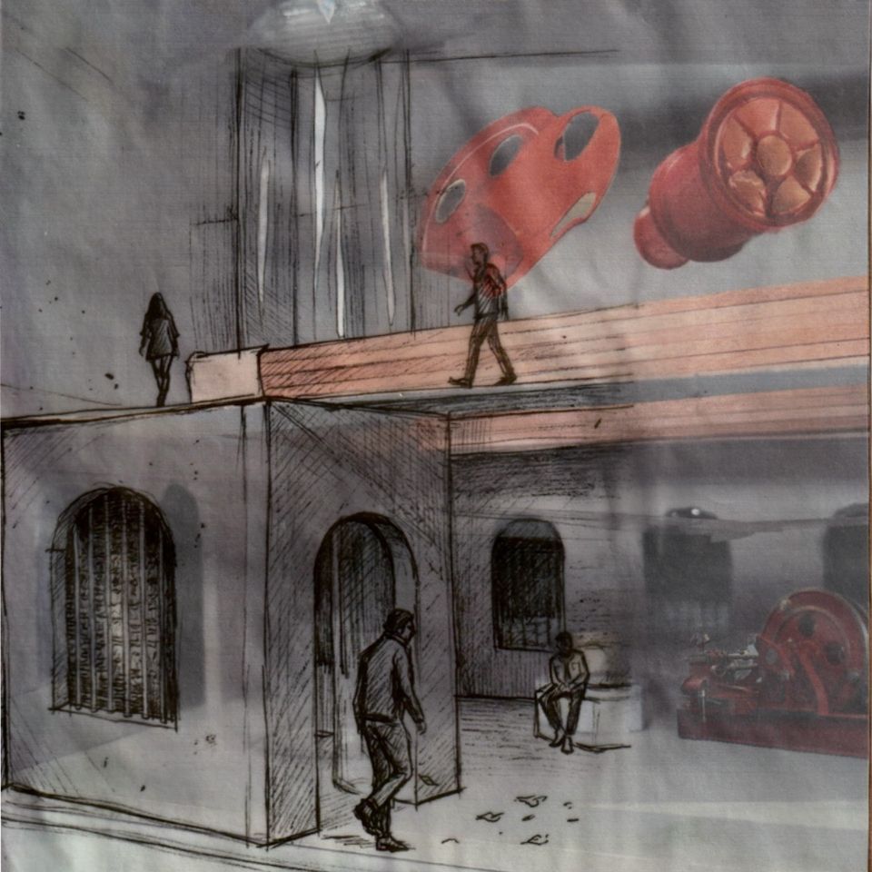 Illustration of museum steam engine room interior