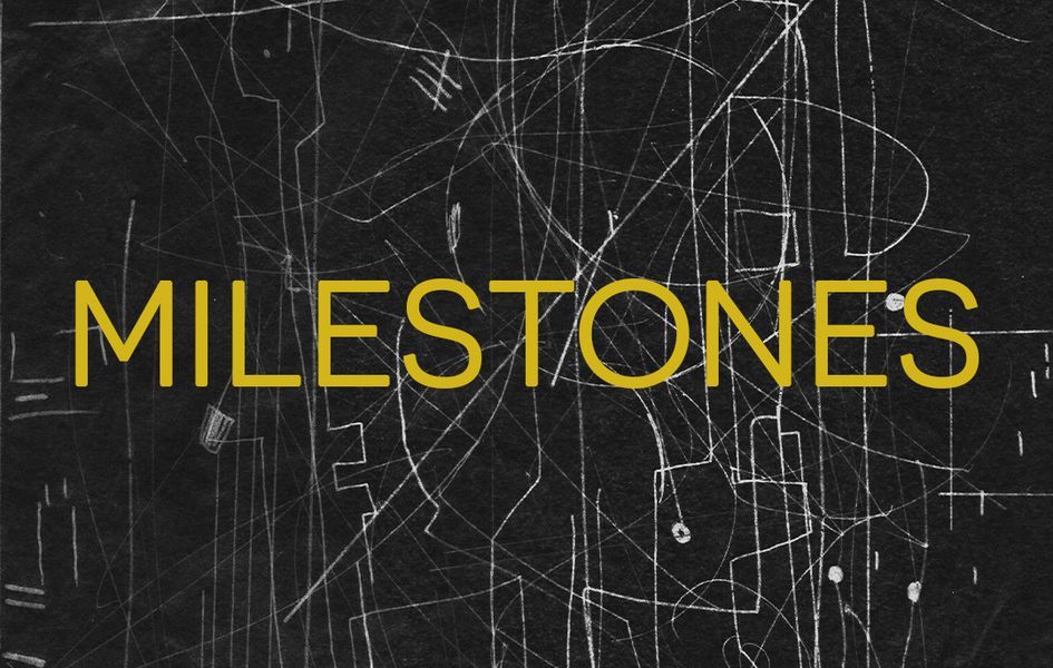 Abstract white lines on a black background with the word "MILESTONES" in yellow, centered over the design.