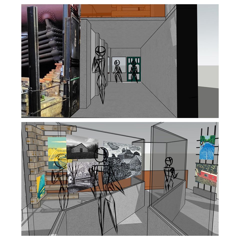 Two illustrations of people walking around a museum interior