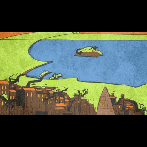 Animation still of city next to lake