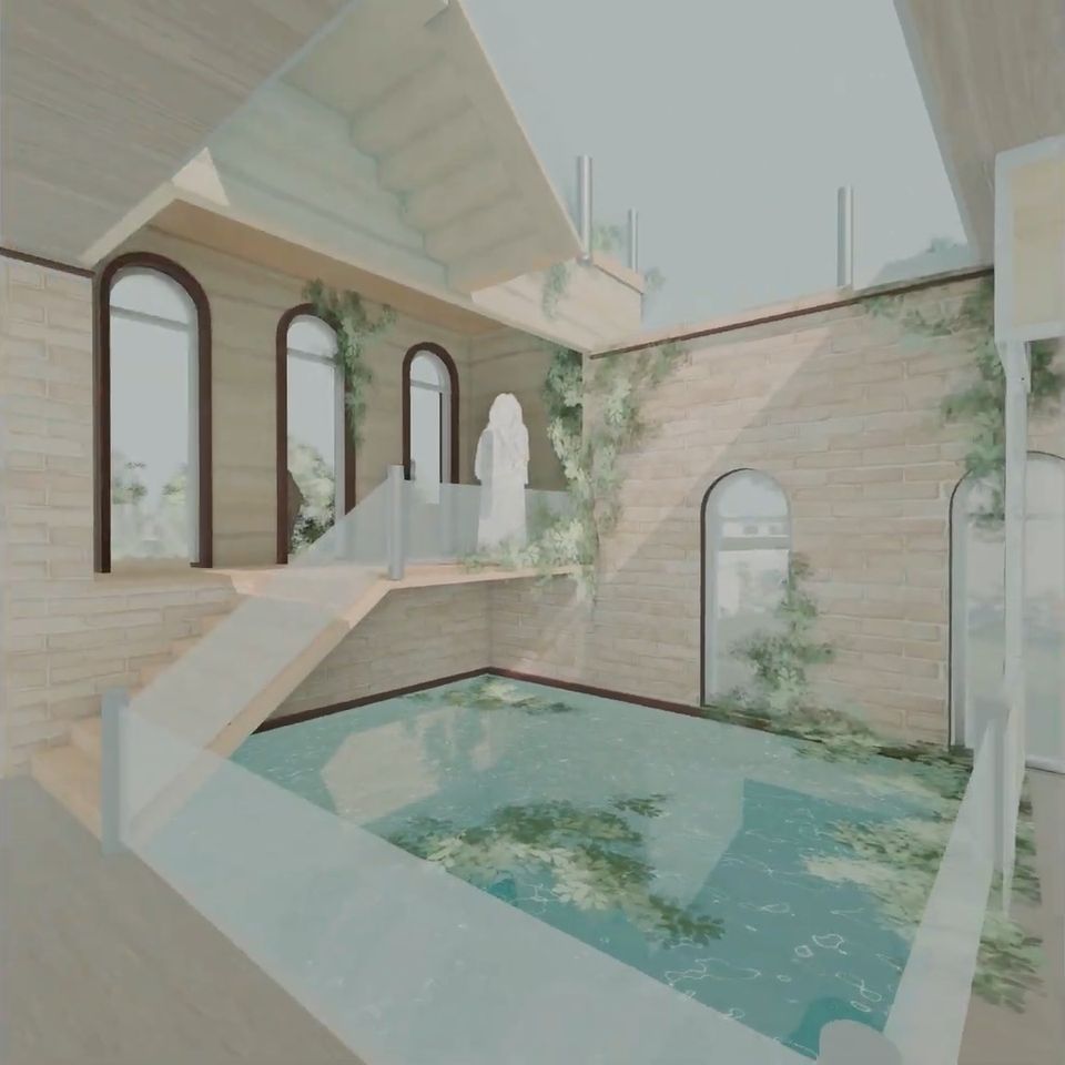 Animation still of museum room interior with stairs circling small pond