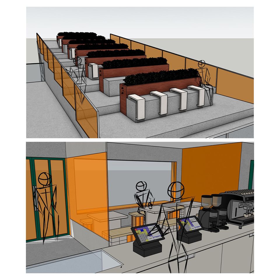 Two design illustrations of a tiered seating area and a cafe counter