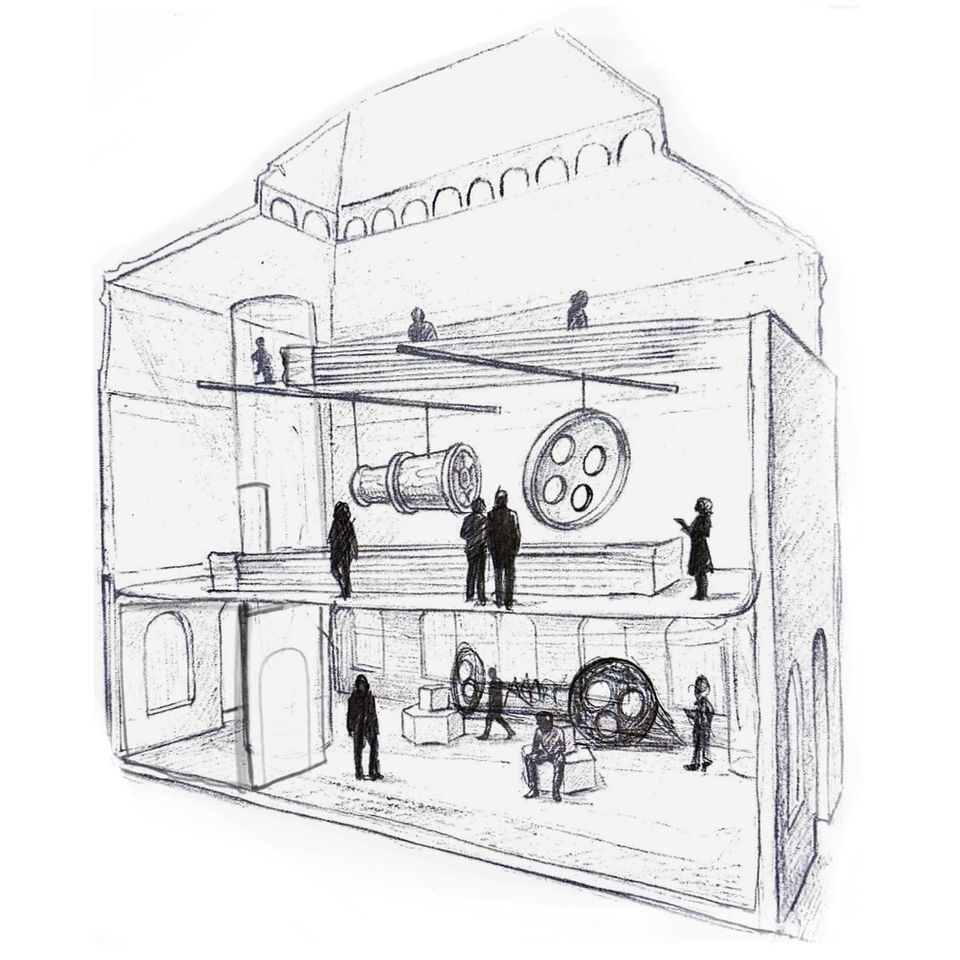 Black and white cross-section sketch of a museum steam room