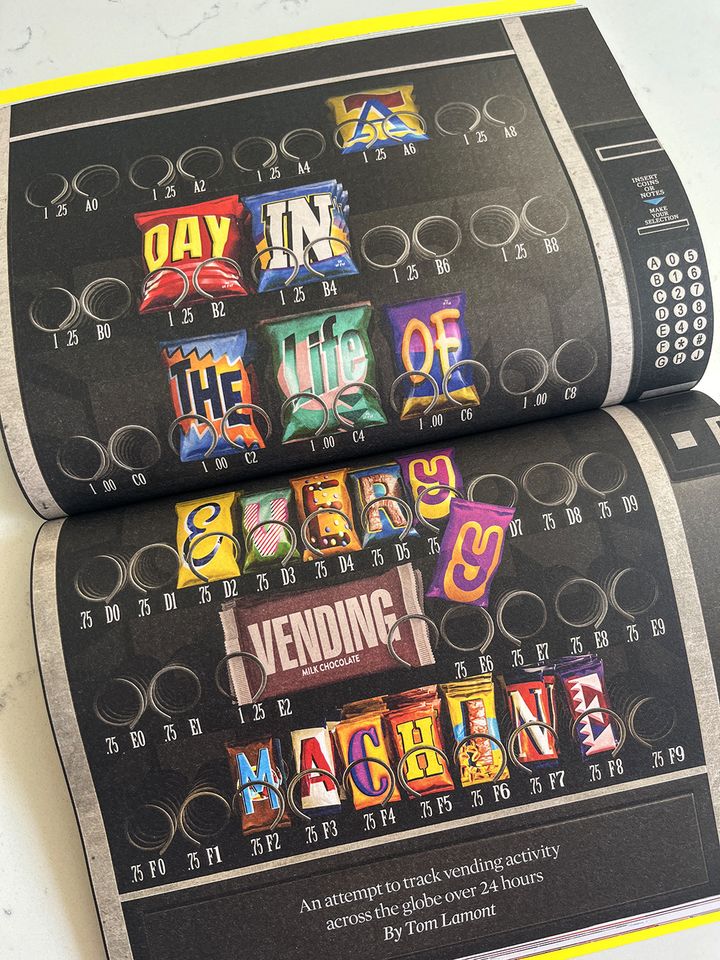 Magazine spread of vending machine with different products displaying part of legend "A day in the life of every vending machine"
