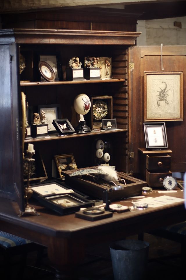 Photo of a busy shelving unit containing many objets d'art