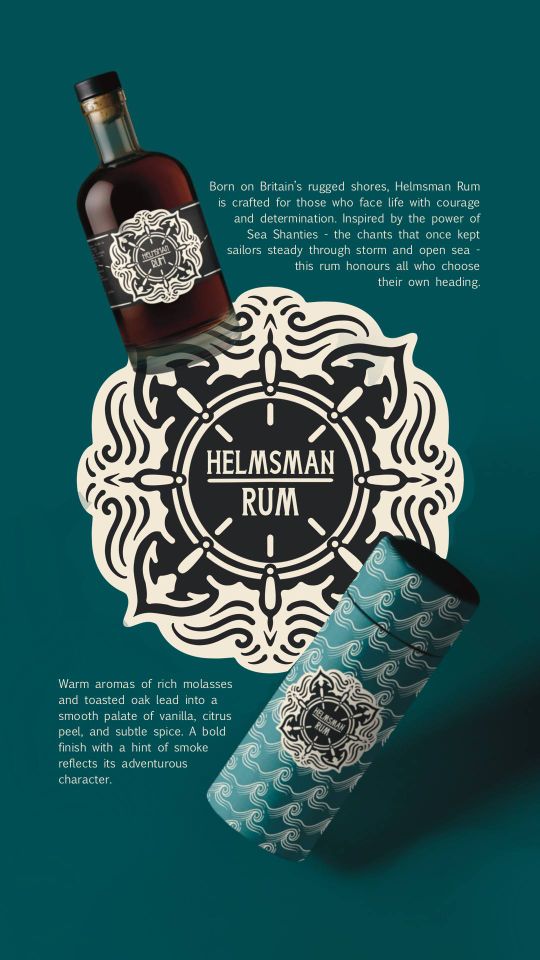 Advert for Helmsman Rum with central logo, bottle of rum and decorative box