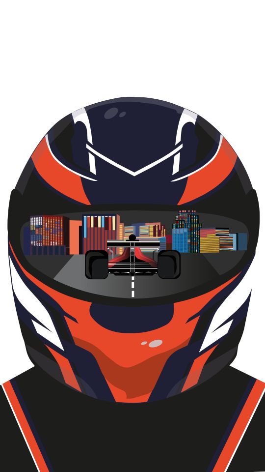 Illustration of red, white and blue racing helmet with F1 car reflected in visor
