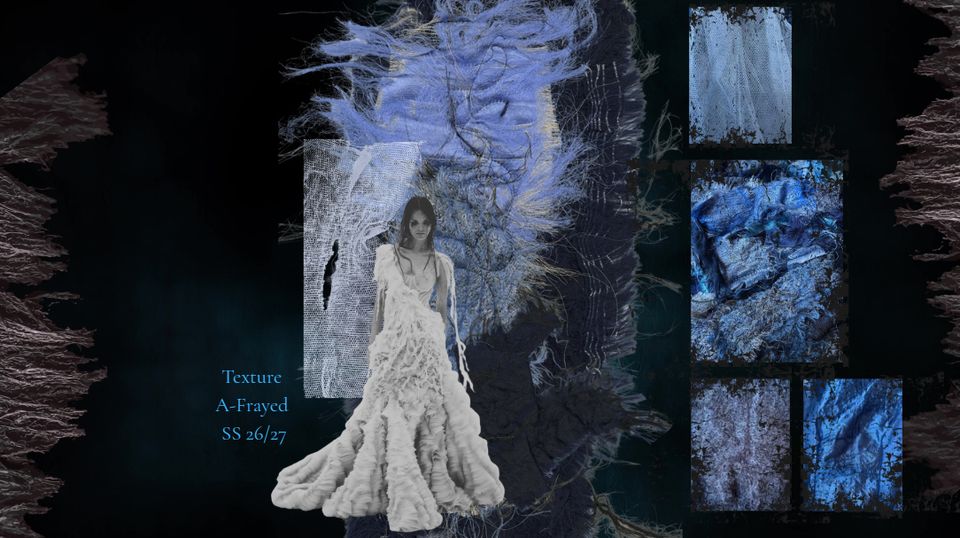 Black and white photo of female model wearing long white dress on background of different colours and textures