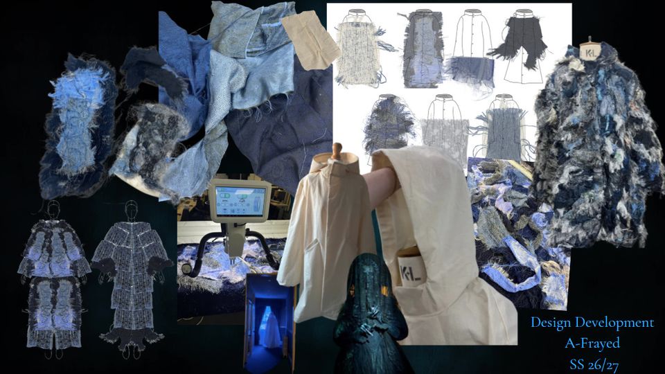 Various photos of a silvery-blue garment throughout the production process