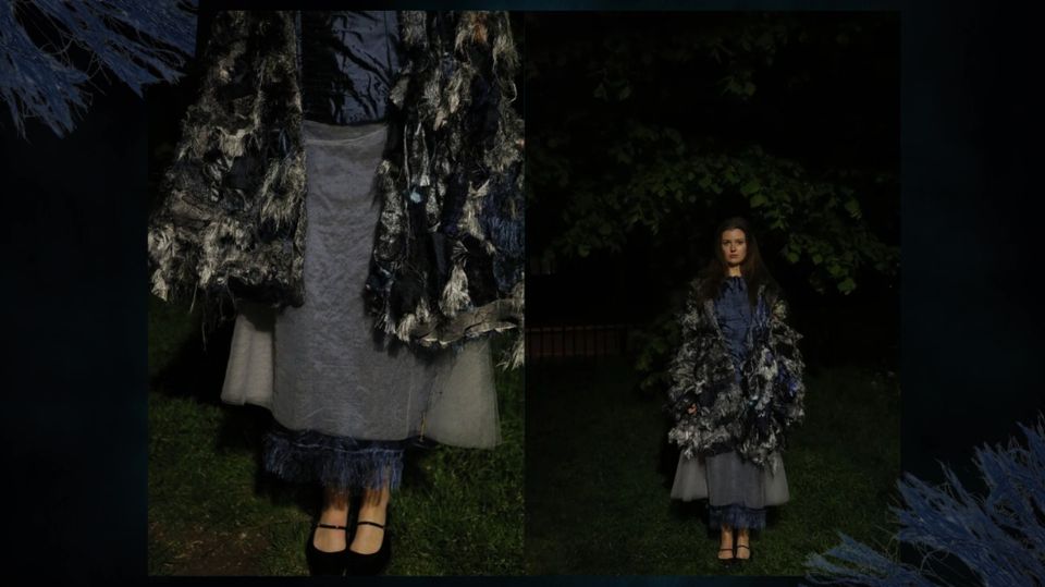 Photo of model wearing silver blue coat, blue top, grey skirt, next to close up of skirt