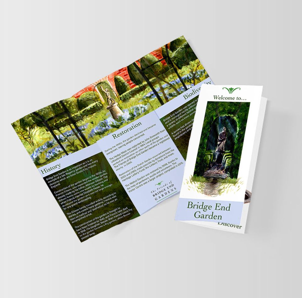 Brochure for Bridge End Garden featuring sections on history, restoration, and biodiversity with artistic images of garden landscapes.