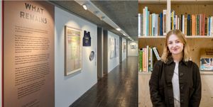Laura Moseley in gallery near wall of text titled What Remains