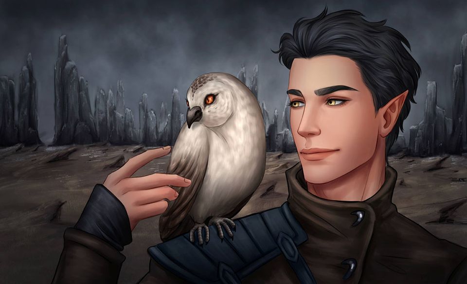 Illustration of man with an owl on his shoulders