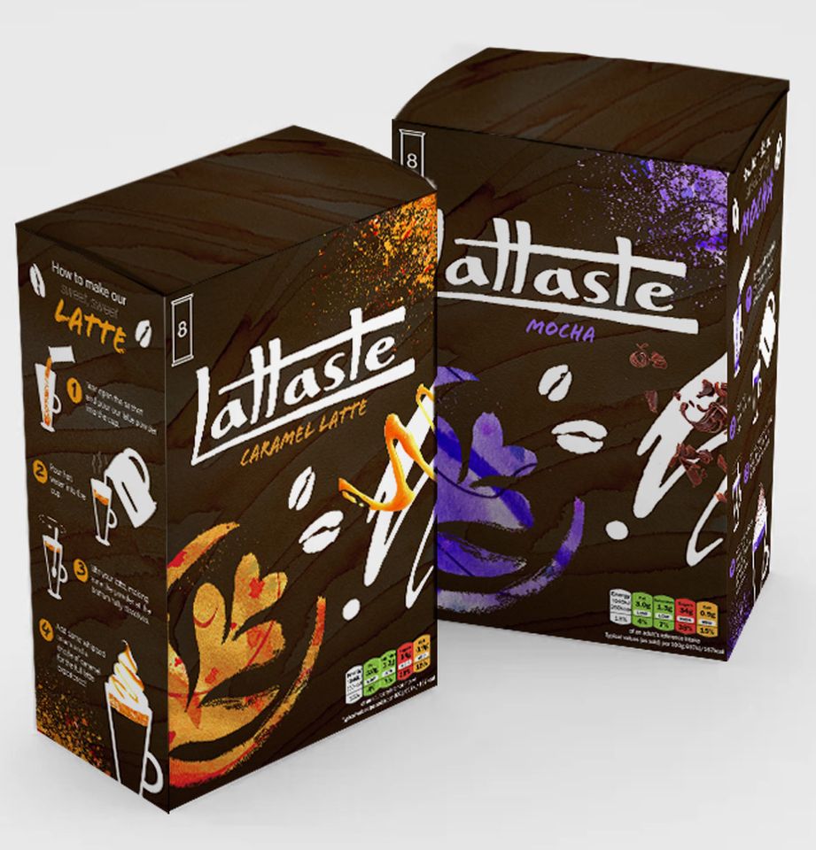 Two boxes of Lattaste instant drinks: Caramel Latte and Mocha, with colorful designs and preparation instructions on the sides.