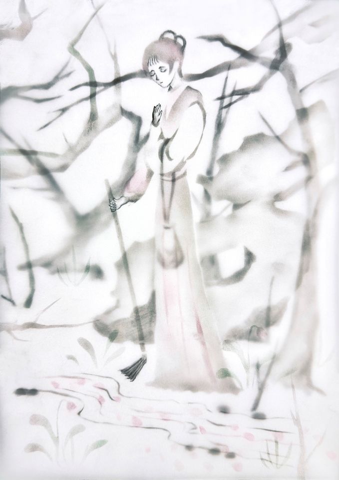 A watercolor-style painting of a serene woman in traditional attire holding a broom, surrounded by delicate branches and blossoms.