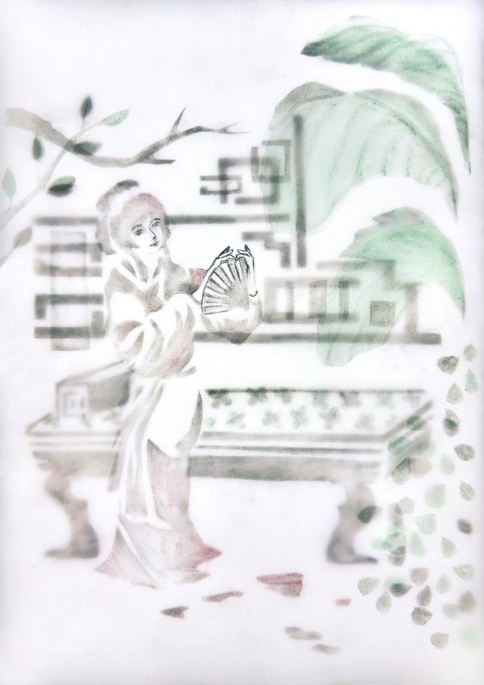 Artistic illustration of a person in traditional attire holding a fan, set against a blurred garden backdrop with leaves and geometric patterns.