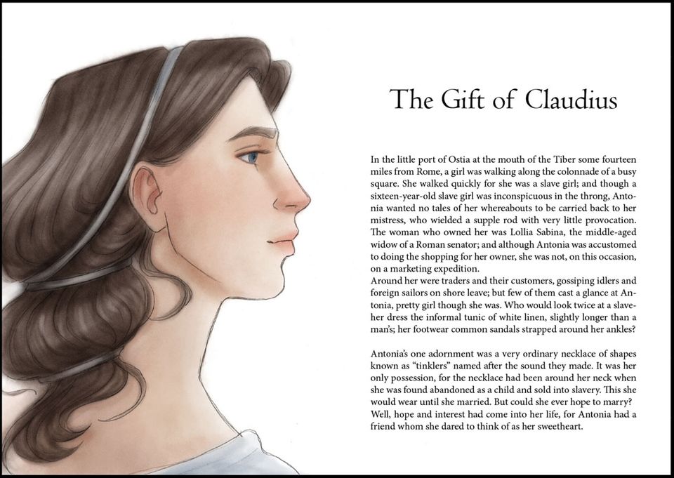illustration of a woman's face next to a passage of text from the book
