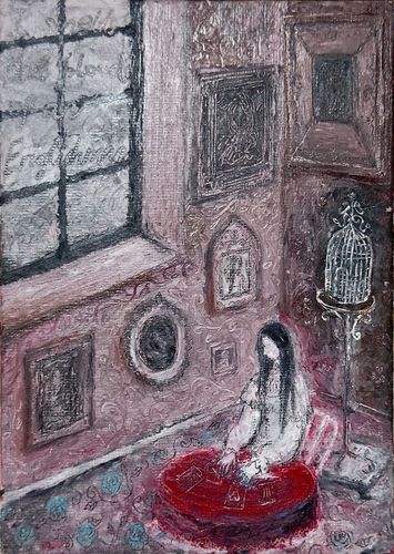 Illustration of a mysterious figure sitting at a red table with tarot cards, surrounded by ornate framed art, near a window and an empty birdcage.