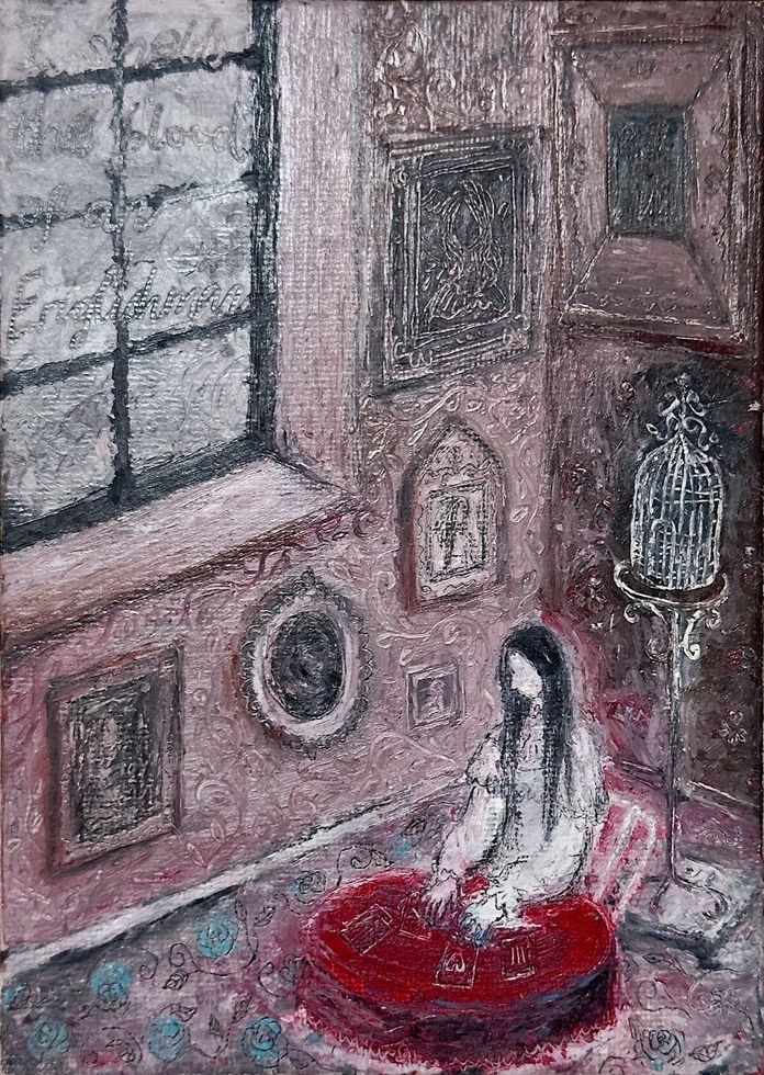 Illustration of a mysterious figure sitting at a red table with tarot cards, surrounded by ornate framed art, near a window and an empty birdcage.