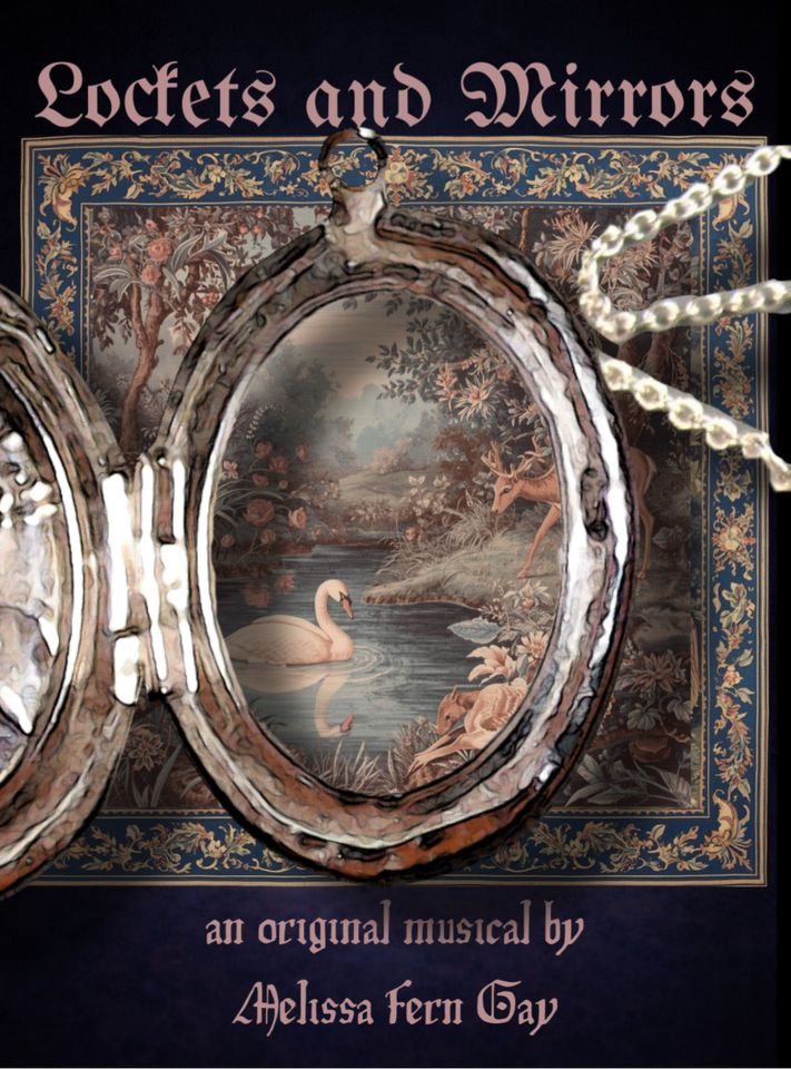 Poster for Lockets and Mirrors musical featuring silver brooch with image of swan on pond and deer
