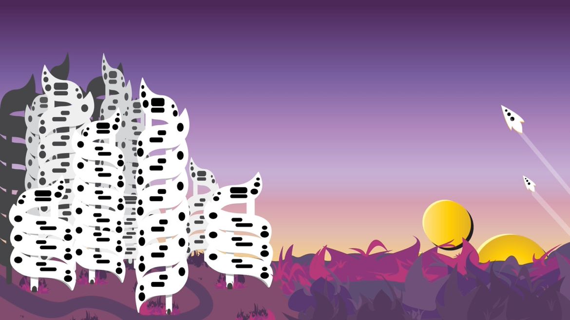 Animation still of alien planet with white swirly plants with black spots and stripes on left and two suns near horizon on right