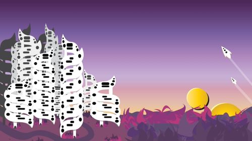 Animation still of alien planet with white swirly plants with black spots and stripes on left and two suns near horizon on right