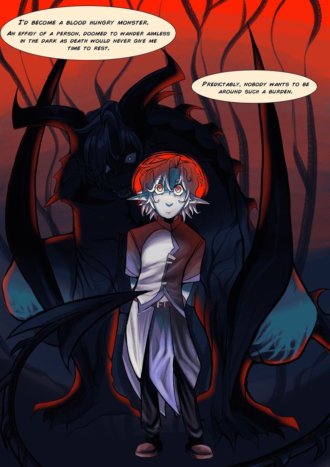 Graphic novel page showing single frame of white-haired elf with shadowy creature behind it