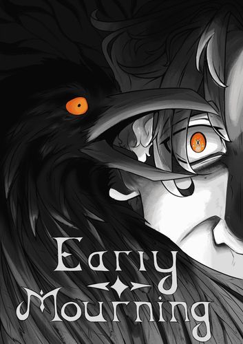 Book cover with illustration of crow and man, both with orange eyes, and title "Early Mourning"