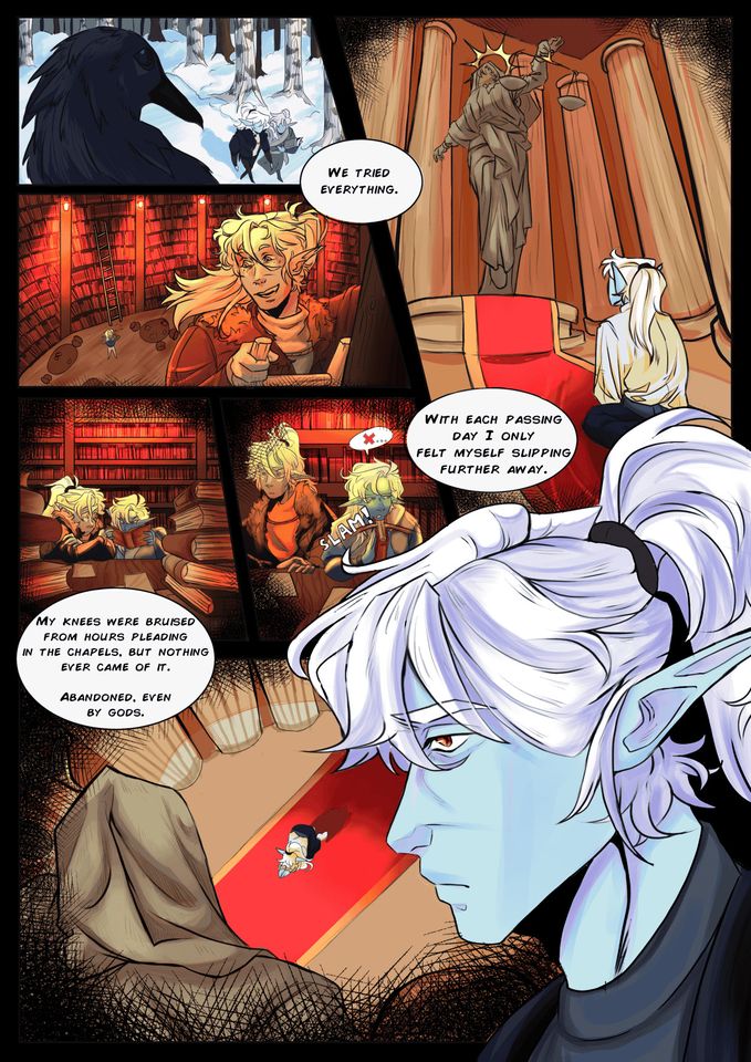 Graphic novel page showing white-haired elf trying to redeem himself by praying to gods