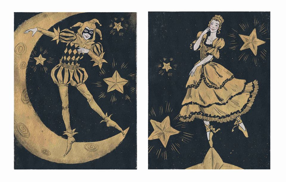 An illustration of a person on a moon next to an image of a woman dancing by stars