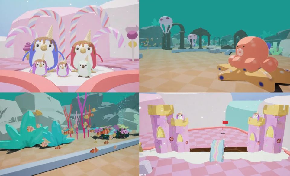 Colorful game world with penguins, octopus, underwater scene, and pink castle, featuring whimsical, fantasy-themed landscapes.