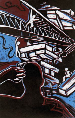 Illustration in blue, red and white of someone jumping from bridge while someone below puts a hand to their head