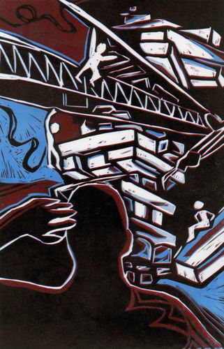 Illustration in blue, red and white of someone jumping from bridge while someone below puts a hand to their head