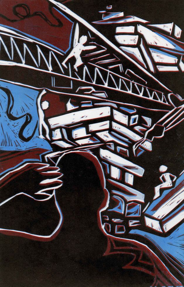 Illustration in blue, red and white of someone jumping from bridge while someone below puts a hand to their head