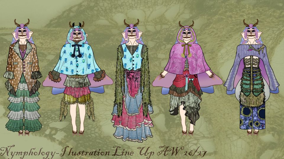 Illustrations of five different outfits with horned masks