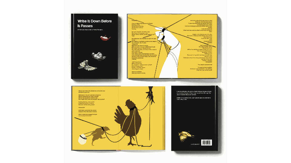 Mockup of a book spread with illustrations and sample text
