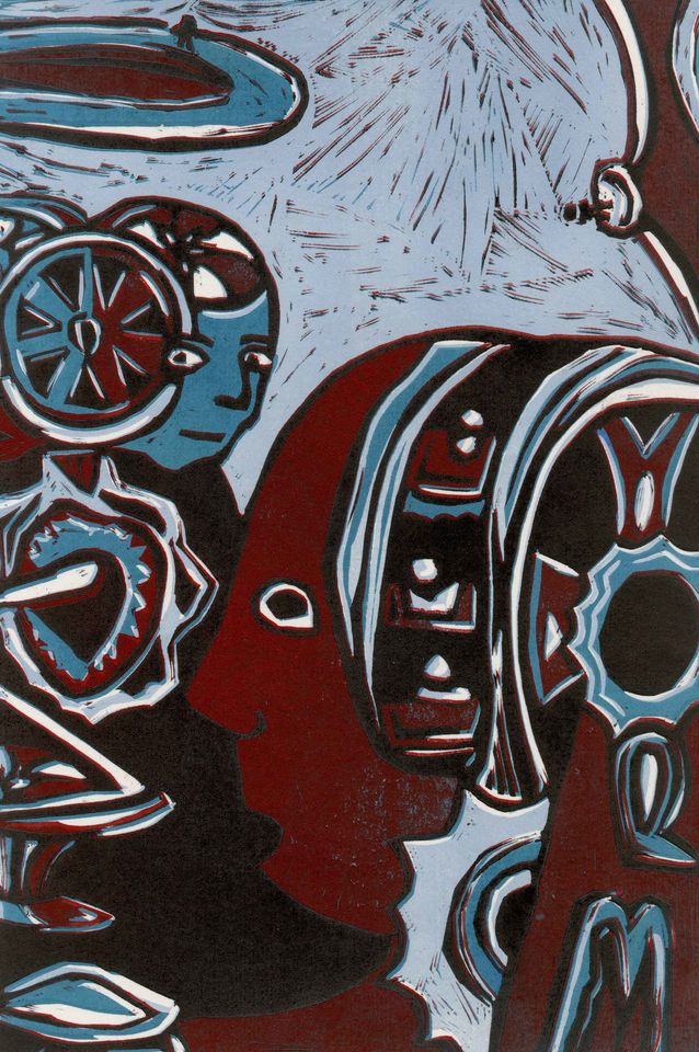 Illustration in red and blue monochrome of two faces on machinery