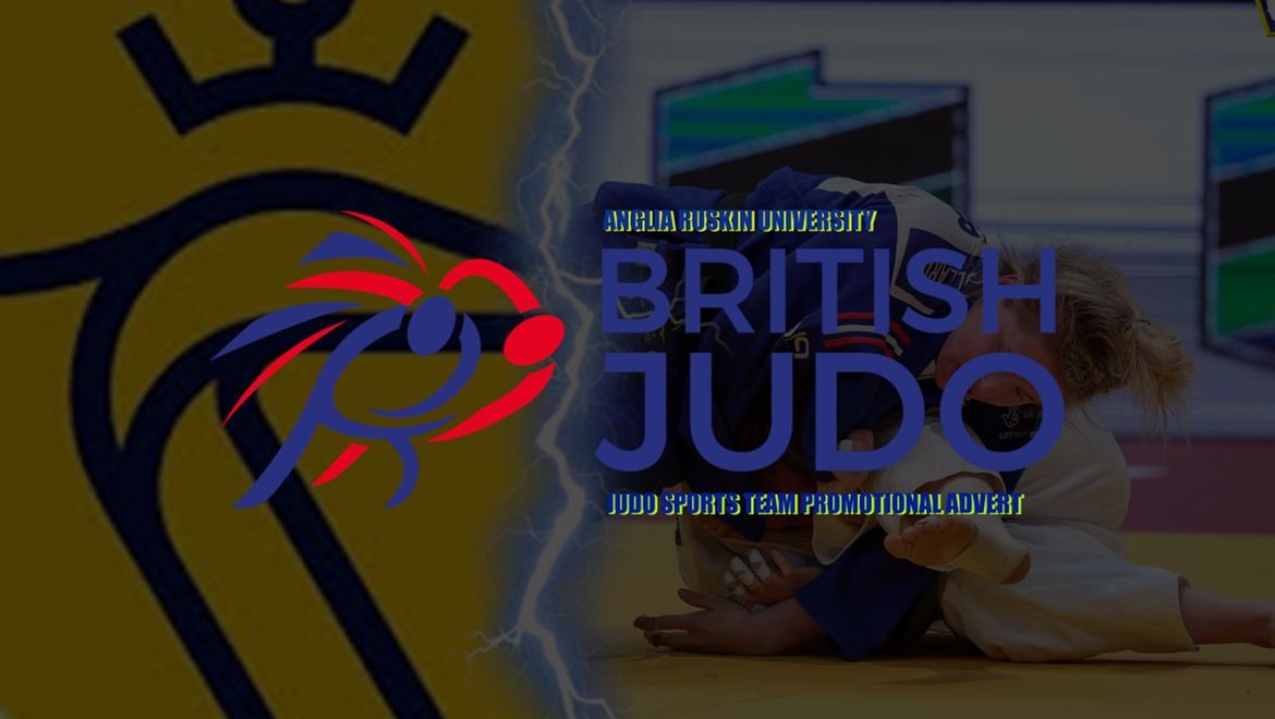 Logo and text overlay on a judo match background, featuring "Anglia Ruskin University British Judo" and a lion design.