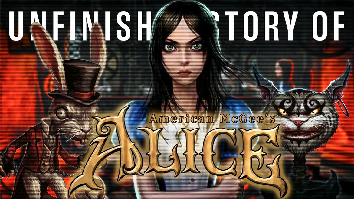 Image of American McGee's Alice, Cheshire Cat and March Hare with title "Unfinished Story of American McGee's Alice"